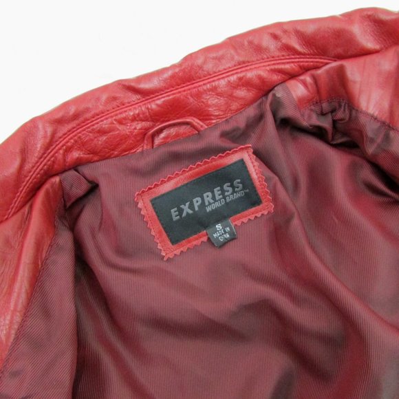 Express Zip Front Belted Leather Jacket Red - Picture 9 of 12